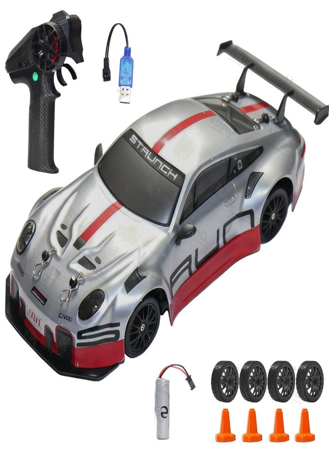 VikriDA 1:24 Scale RC Drift Car - 4WD High-Speed RC Racing Car with LED Lights, 2.4GHz Controller, Rechargeable Batteries & Drifting Tires - Grey & Red - Image 1